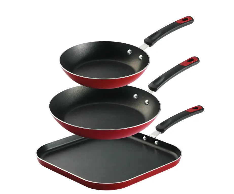 Aluminum Nonstick Fry Pan and Griddle Set - 3 pc Set in Metallic Red with Nonstick Coating for Frying - Cookware