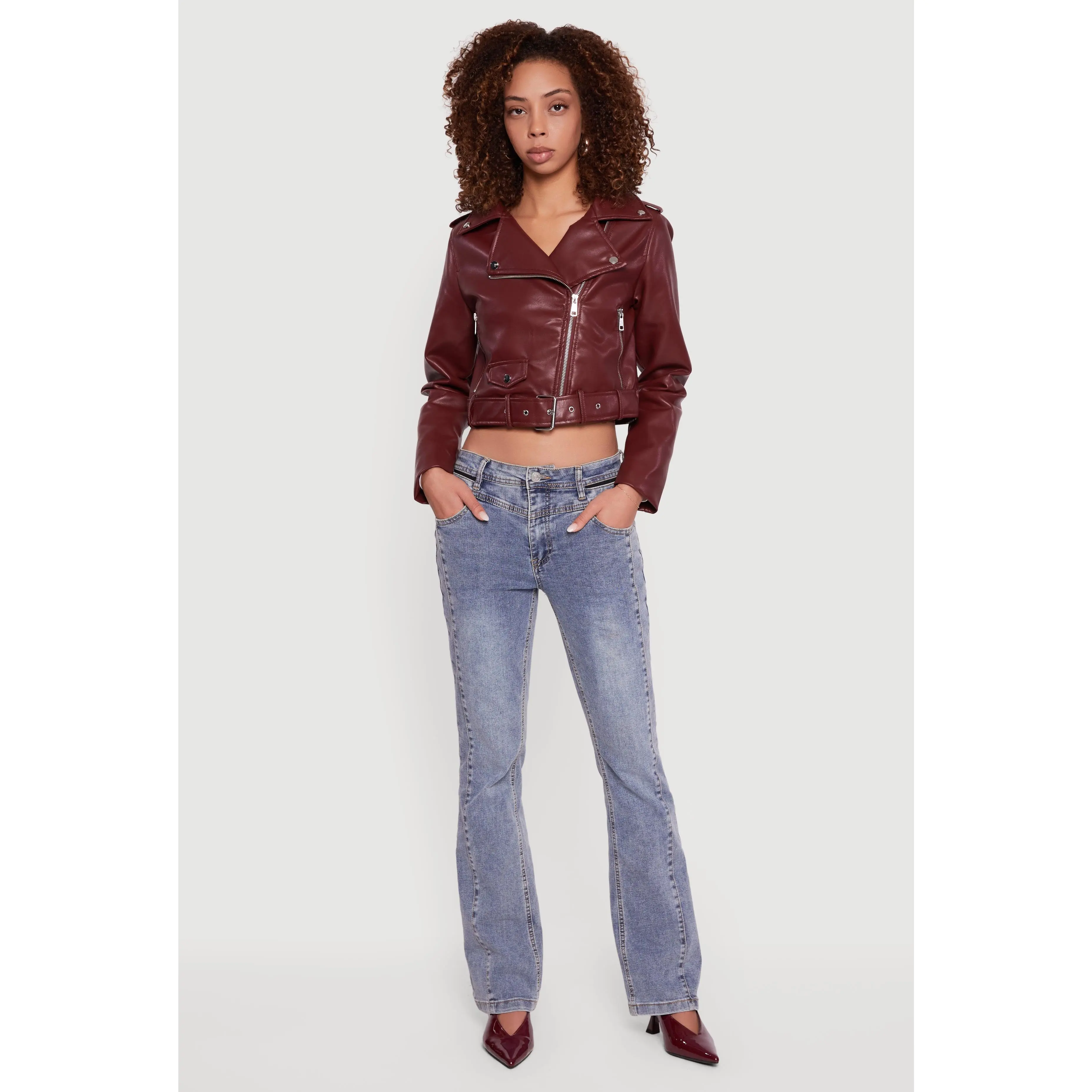Cropped Faux Leather Belted Moto Jacket