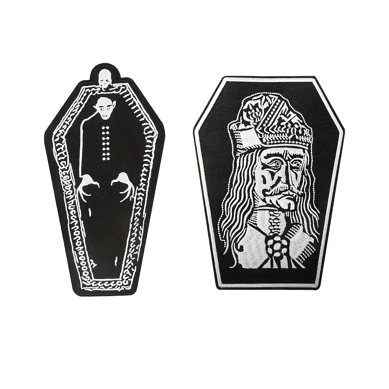 2pcs Black and White Vampire Motif Embroidered Iron-On  Clothing Stickers, Retro Punk Vibes Adhesive-Backed Patches, Easy to Apply on Clothing & Backpacks, Ideal for Punk Enthusiasts