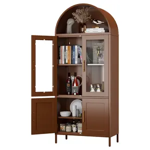 Aobabo 72.8"H Arched Cabinet with Doors/Shelves,Arched Display Bookcase with Glass for Home Office Bar Living Room, Brown,Assemble Require