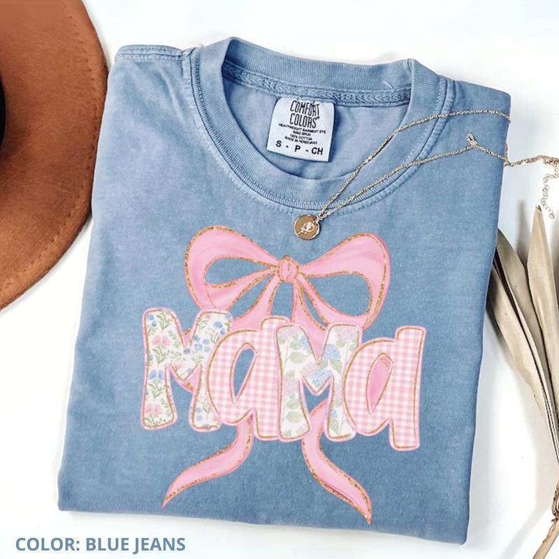 Comfort Colors Floral Mama Shirt, Spring Tee, Trendy Mom T-Shirt, Women's Flower Mama Shirt, Pregnancy Reveal Gift, Blue Pink Bow Shirt for Mom