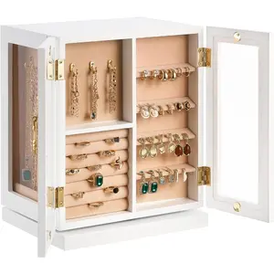 VEVOR Jewelry Box, 360 Rotating Jewelry Organizer with Magnetic Door, Acrylic Window and Built-in 4 Necklace Hooks, Spacious Storage Case with Metal Handles, Bottom Pad and Soft Flannel Lining, WhiteVEVOR Super Brand Day