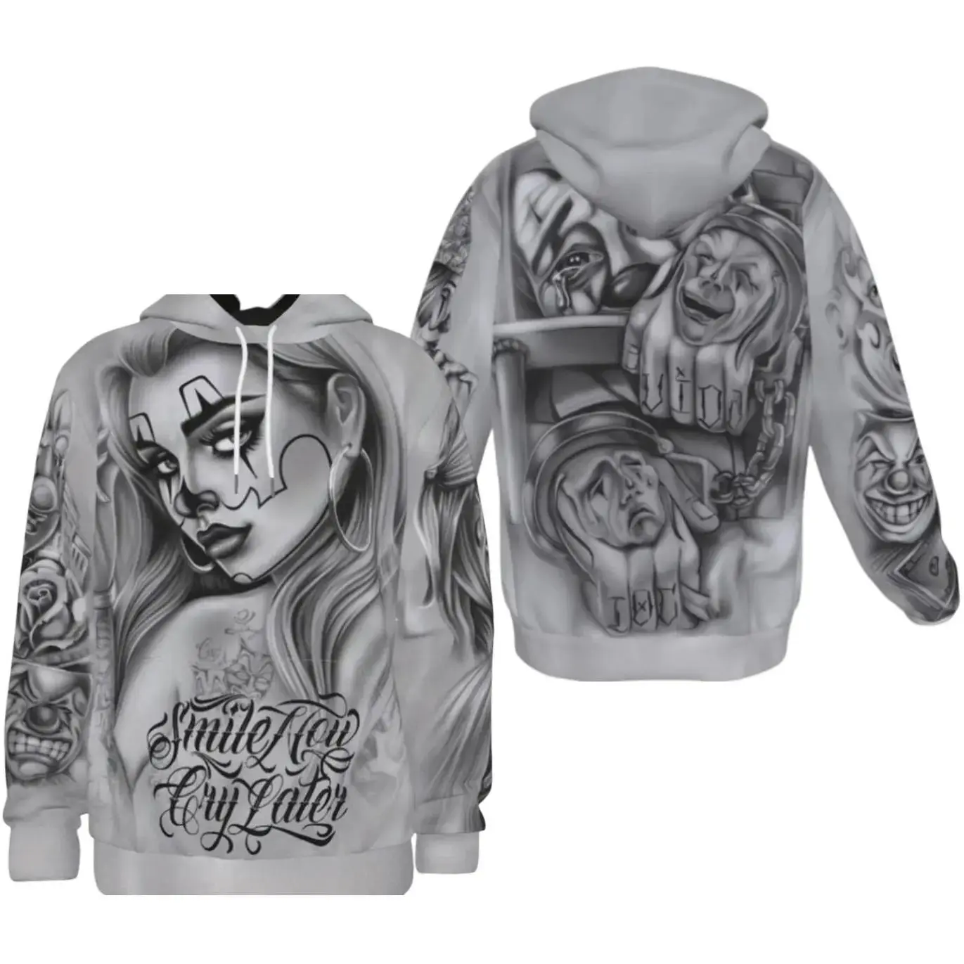Chicano Laugh Cry Move On 3D Hoodie, Vintage Smile Now Cry Later Full Body Tattoo Print, Unisex Graphic Pullover Sweatshirt & Streetwear Top for Men Women