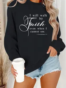 Women's Casual Fitted I Will Walk by Faith Pullover Sweater, Soft Long Sleeve Round Neck Minimalist Christian Sweatshirt, Daily Wear, Tops, Womenswear
