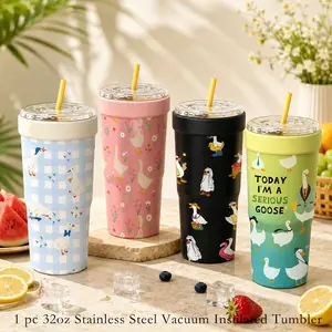 1PC 32oz Goose Print Insulated Tumbler with Straw, Vacuum Travel Mug, Double Wall Stainless Steel Cold Keeper Cup, Flasks, Keeps Drinks Ice Cold for 24H & Hot for 12H, Leakproof Sweat-Free Design, Fits Most Cup Holders, Perfect for Coffee, Iced Drinks