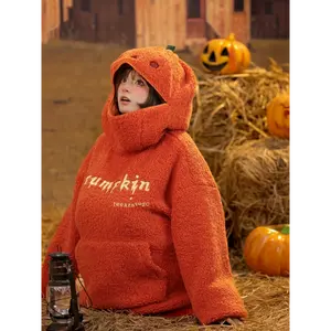 Christmas ChromaChic LEE Women's Pumpkin Head Costume Hoodie Thick Fleece Sweatshirt Long Sleeve Loose Fit Party Embroidered Fabric Pullover Top
