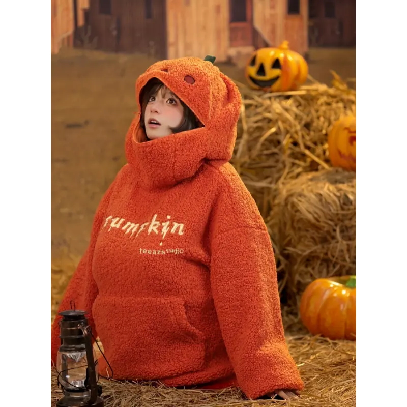 Christmas ChromaChic LEE Women's Pumpkin Head Costume Hoodie Thick Fleece Sweatshirt Long Sleeve Loose Fit Party Embroidered Fabric Pullover Top