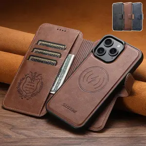 2 in 1 Flip Cowhide Pattern Phone Case with Card Slot, Detachable Split Magnetic Wireless Charging Function Phone Case, Phone Accessories for iPhone 16 Pro Max 15 14 Plus, Cover, Protector