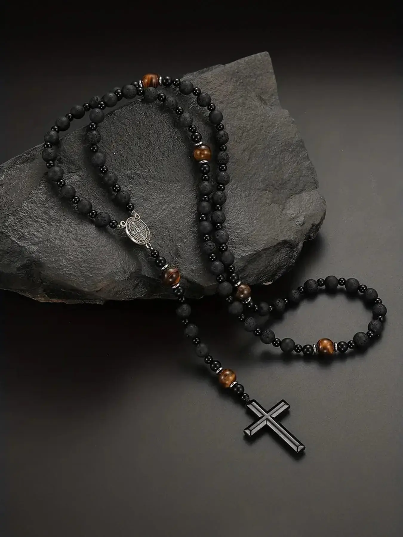 1pc Cross  Beaded Necklace for Men, Cross necklaces, Multicolor Rosary Necklace with Cross Pendant, Daily Decor, Exquisite Jewelry Gift, Trendy All-match Vintage Jewelry for Birthday Gift