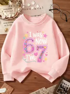 six-seven Girls' Casual Round Neck Long Sleeve Cute Sweatshirt, Elastic Fabric, Number 6 and 7 Print, Fitted Sportswear for Outdoor & Indoor Activities