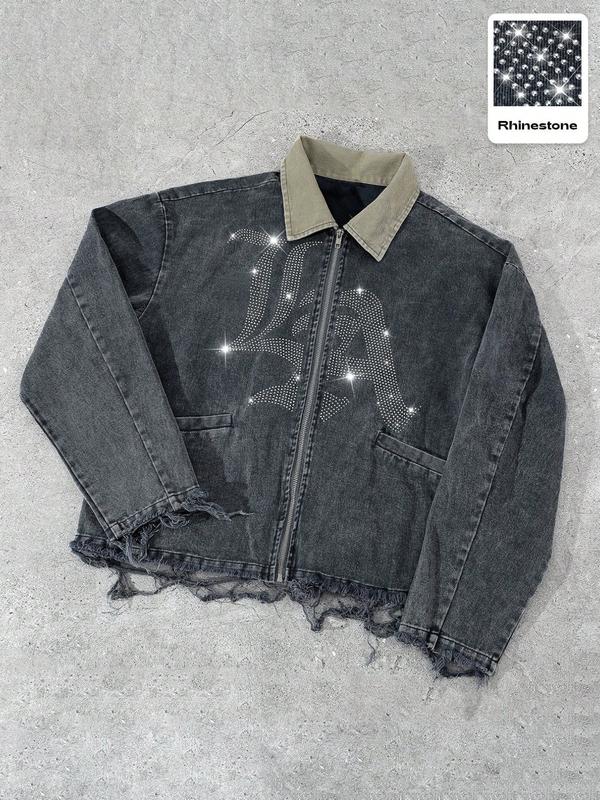 Dark Denim Jacket with Diamonds and 'la' Logo, Vintage Corduroy Collar and Frayed Design, Stylish Zippered Fit for Casual Outings