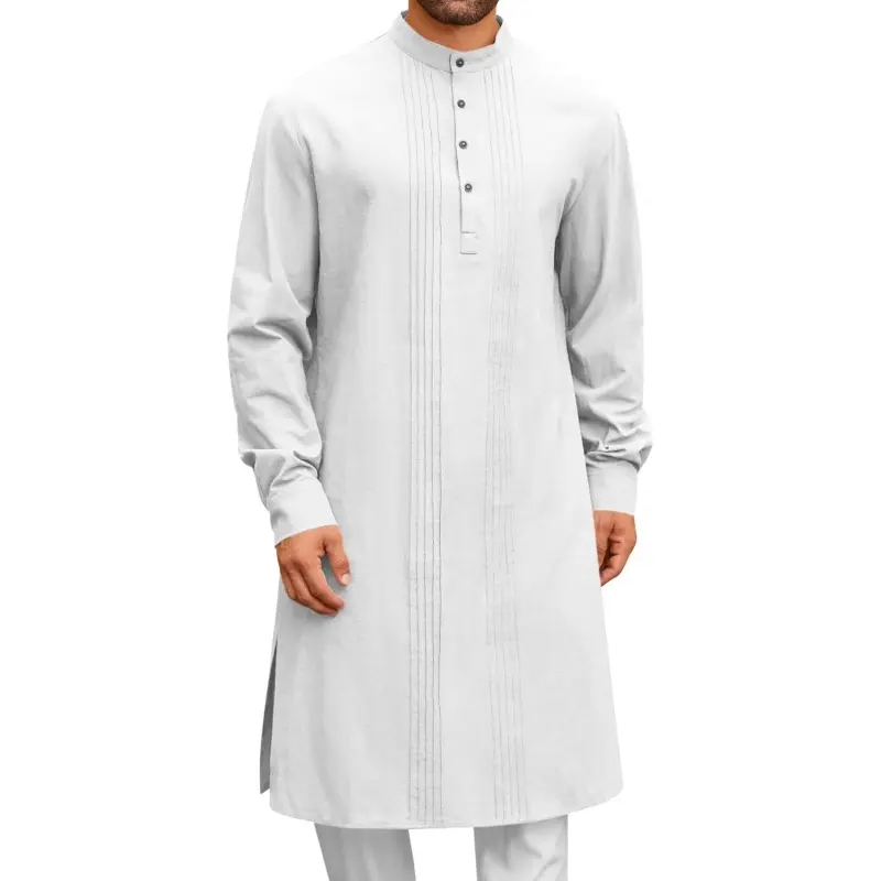 Mens Kaftan Robe Button Down Long Sleeve Cotton Linen Thobe Casual Muslim Gown Henley Shirt