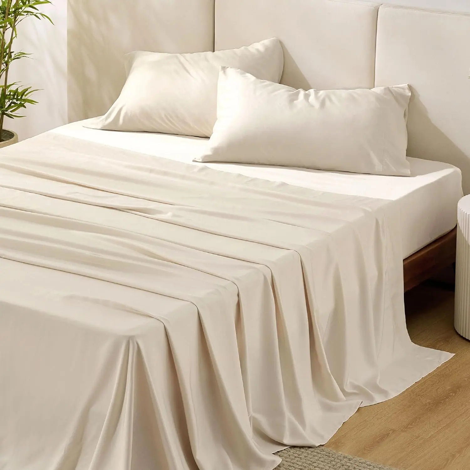 King Size Bamboo Cooling Sheet Set with Pillowcases, Cooling Bed Sheets for Hot Sleepers, Rayon Derived from Bamboo, Twill Weave, 16-In Deep Pockets, Silky, Light Beige