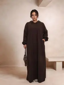 Women's Solid Drawstring Hooded Corduroy Dress, Casual Long Sleeve Dress for Fall & Winter, Women's Islamic Clothing for Daily Wear, Modesty Muslim Clothing