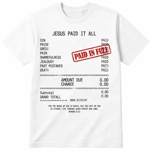 "Jesus Paid It All Receipt", Premium Soft Cotton, Vintage Grocery Receipt Graphic with Red "Paid In Full" Stamp, Christian Faith & Religious Believers, White T-Shirt