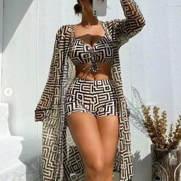 2025 New Women's Fission Swimsuit Blouse Three-Piece Set Gathered Beach High Waist Flat Swimming Trunks swim bra