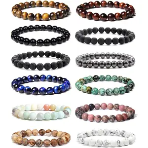 12Pcs Bracelet Set for Women Men 8mm Beaded Stretch Bracelet with Tiger's Eye Amazonite Malachite Lava Gemstones Unisex Yoga Gifts