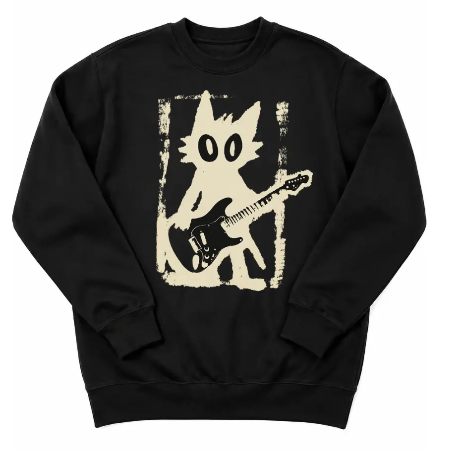 Rock Star Cat Sweatshirt Electric Guitar Crewneck, Vintage Kitten Y2K Sweater, Rock and Roll Punk Cat Graphic Pullover, Grunge Music Lover Gift, Retro 2000s Guitarist Sweatshirt
