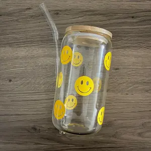 Smiley Face Beer Can Cup with Glass Straw and Bamboo Lid