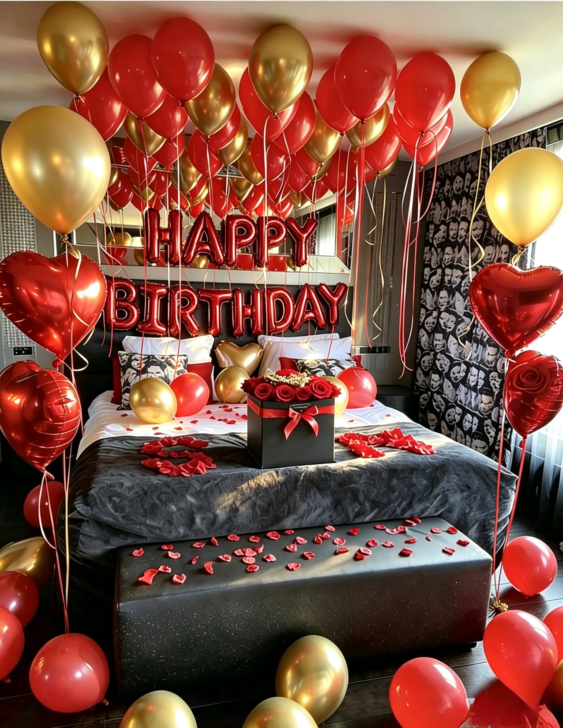 596pcs Red-gold birthday balloon set, birthday letters, including 500 pieces of artificial rose petals, heart-shaped foil balloons. Suitable for birthday party decoration, anniversary celebration, expressing love and proposing on Valentine's Day.