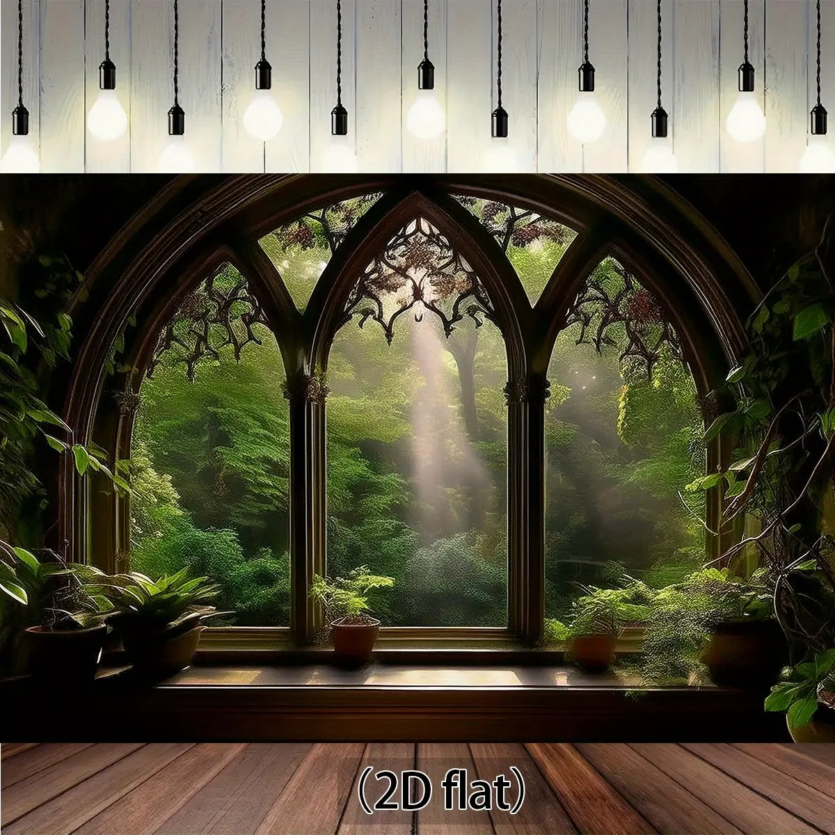 1pc Gothic Window Forest Tapestry - Medieval Gothic Arch Window with Lush Greenery & Foliage, Realistic Forest Interior Backdrop, Durable Polyester Home Decor for Room, Living Room, Weddings - Easy-Hang Indoor-Outdoor Wall Hanging, Room Decor