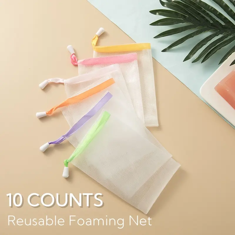10 Counts Foaming Net Exfoliating Mesh Soap Bag Face Cleansing Foaming Nets,White Pouch with Drawstring for Bath & Shower Scrub Cleansing Soap Bubble Mesh Bags