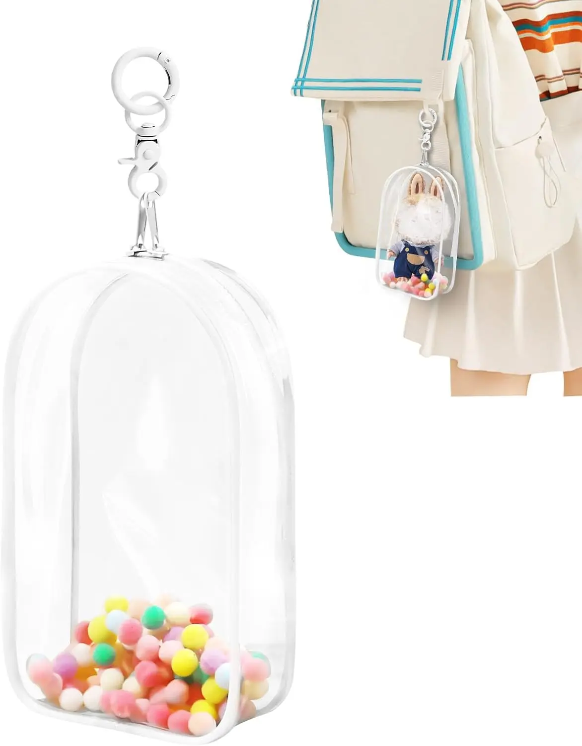 Clear Doll Carrying Bag for Vinyl Plush Doll, Mini Figure Display Purse with Shoulder Strap, Transparent Protective Storage Bag for Collectible Doll Charm, Travel Toy Organizer and Bag Accessory