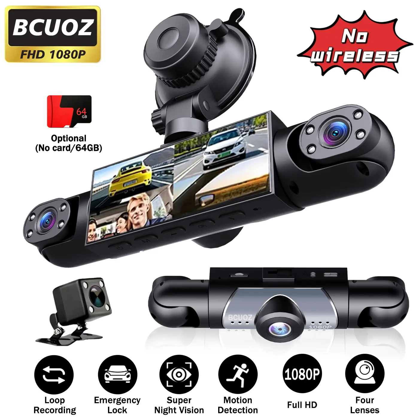 BCUOZ 4-Channel  Dash Cam,【Not  wireless,no WIFI】Requires charging to use,1080P Full HD Front+720P Rear Left Right Coverage,  G-Sensor, With Free 64GB Memory Card,  Car Dashboard Camera / Safe Driving