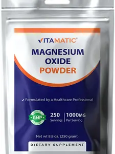 Vitamatic Magnesium Oxide Powder – 1000 mg Per Serving – 250 Servings – High Absorption Magnesium Supplement – 600 mg Elemental Magnesium – Unflavored