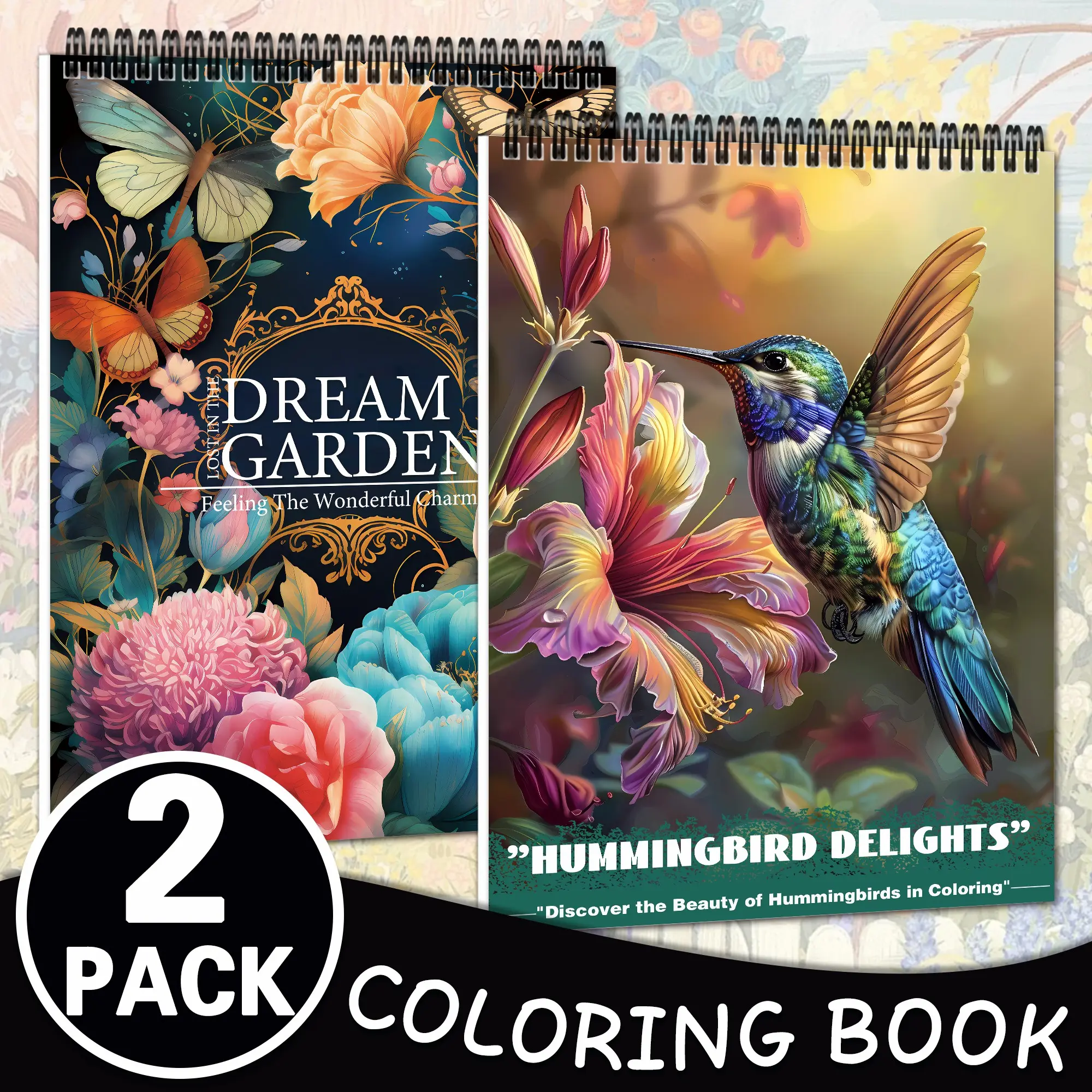 Dream Garden & Hummingbird Theme 2Pack Coloring Book Set, Coloring Supplies - Colorful Relaxation & Stress Relief for Adults - Easy & Simple Designs, Exquisite Patterns, Watercolor Floral Design, Perfect for Holidays - Spiral Bound