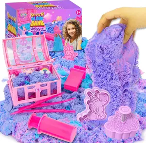 Carolart Unicorn Stretchy Cloud Sand,Blue & Pink Play Sand,Treasure Chest with Sensory Sand,Stretchable,Moldable,Expandable Cloud Slime,Tactile Fun Sensory Kit, Sensory Toys for Kids Ages 3+