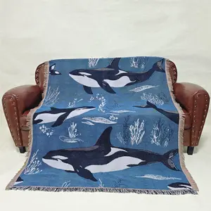 Whale Pattern Boho Throw Blanket, 1 Count Thick Warm Throw Blanket with Tassel, Cozy Chic Blanket, Soft Warm Napping Blanket for Home Sofa Bed Office Travel Camping