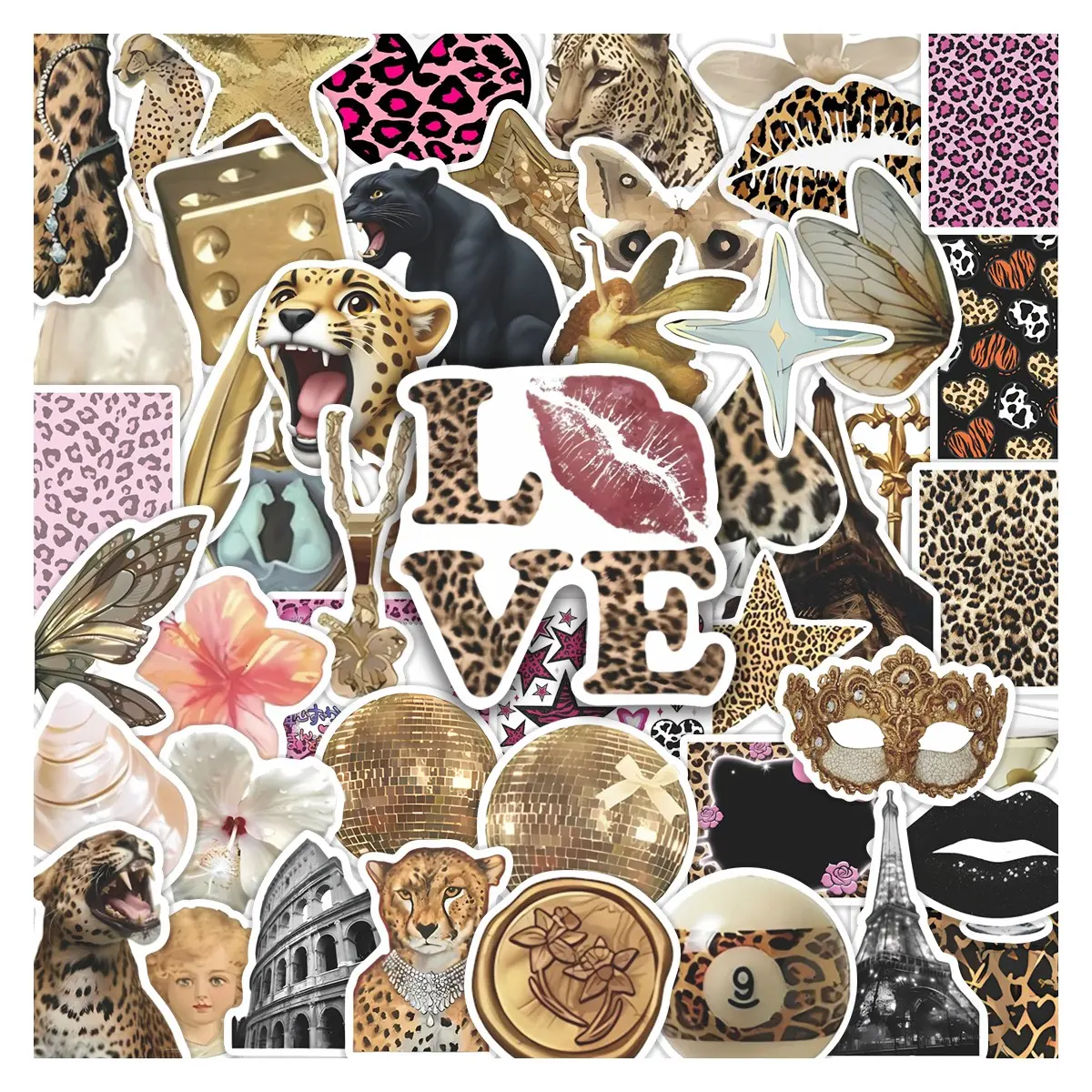 50pcs Vintage Leopard Print Y2K Stickers Pack, Sticker Collage Pack, Sticker Set, Waterproof Leopard & Disco Ball Decals, Art Stickers for Journal & Scrapbook, Stickers For Scrapbooking, Y2K & Retro Gift, Adhesive Stickers