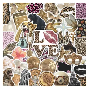50pcs Vintage Leopard Print Y2K Stickers Pack, Waterproof Glam Old Money Leopard & Disco Ball Decals for Laptop, Water Bottle, Journal & Scrapbook, Y2K & Retro Fashion Lover Gift, Adhesive Stickers