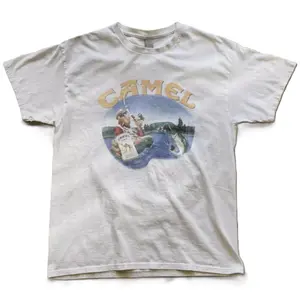 Camel Smoking Joe Fly Fishing white tee, vintage promo tee from the 90s Y2k era- Vintage y2k tshirt