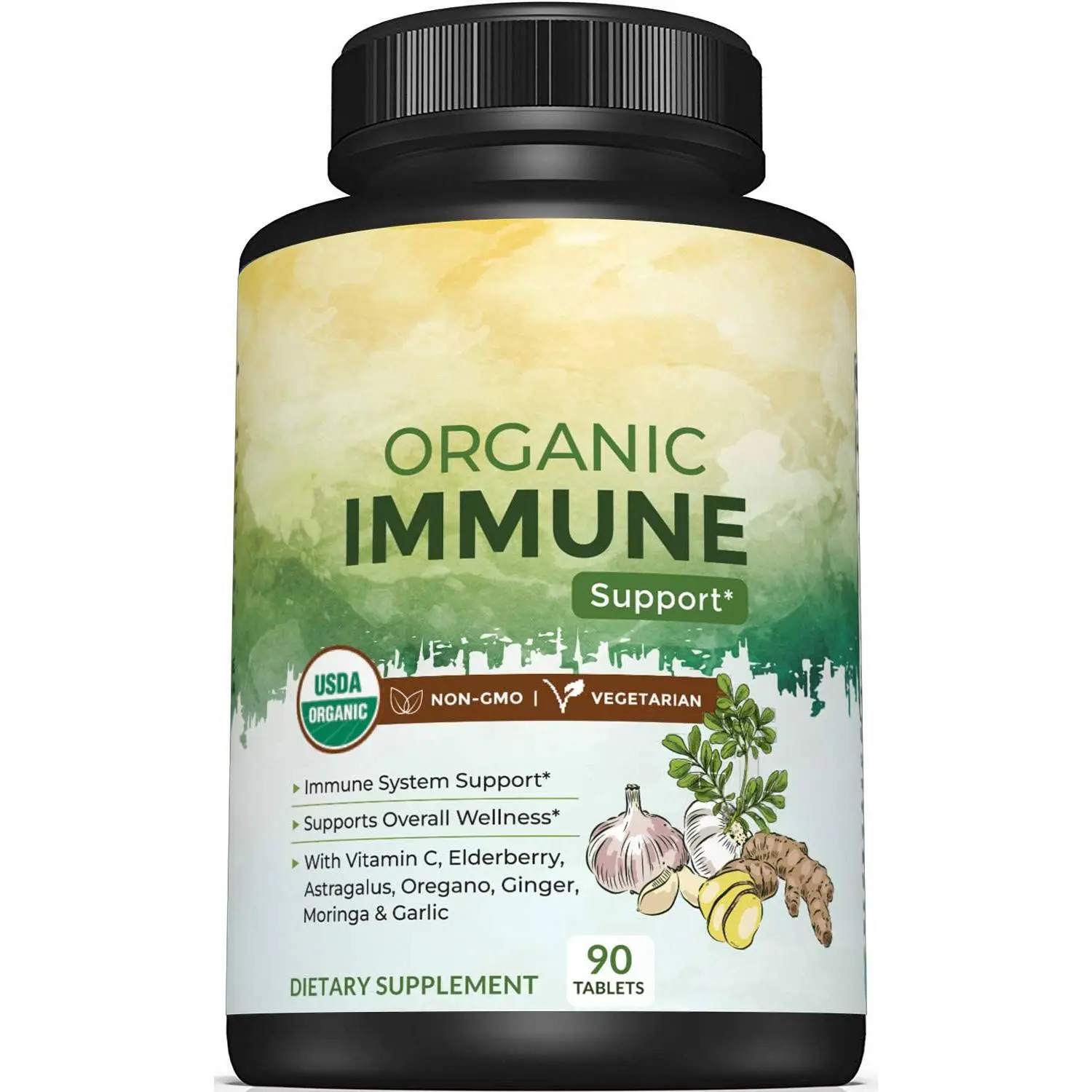 Organic Immune Support Supplement – Organic Immune Health Supplement with Vitamin C, Elderberry, Astragalus, Oregano, Ginger, Moringa & Garlic – Organic Immune System Support - 90 Immune Tablets