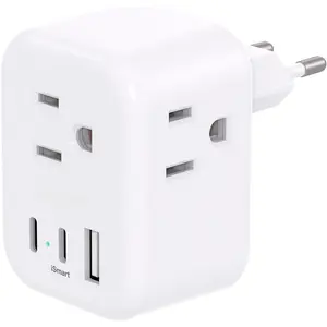 European Travel Plug Adapter,  International Power Adapter with 3 Outlets 3 USB  Ports(2 USB C), Type C Adapter Travel Essentials to   EU Spain  France