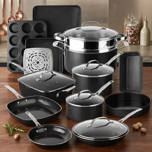 20Pcs Ceramic Cookware Set Nonstick, Complete Pots and Pans Set Non Stick with 5 Pc Bakeware Set, Deep Frying Pan Set, & Steamer, Non Toxic, Oven & Dishwasher Safe, Black
