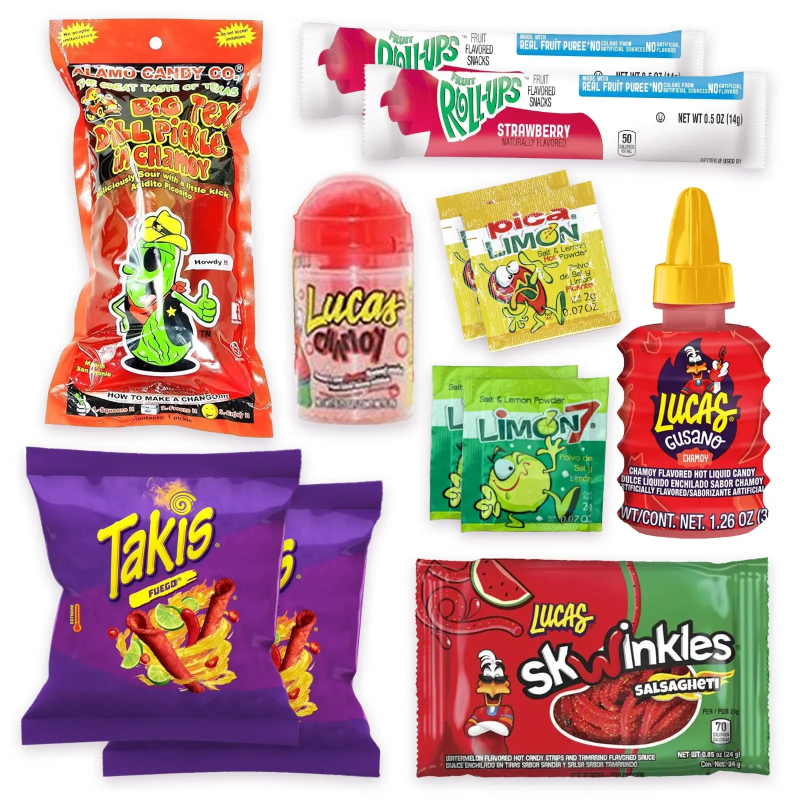 TwistedTreats Chamoy Pickle Kit with Candy & Snacks | Fruit Rolls, Takis, Lucas Gusano, Skwinkles, Salsagheti 12-Unit Kit