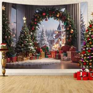 1 Christmas tree, Christmas wreath tapestry, Christmas gift box background polyester tapestry banner, Christmas event party decoration photography background, home aesthetic decoration tapestry, bedroom living room
