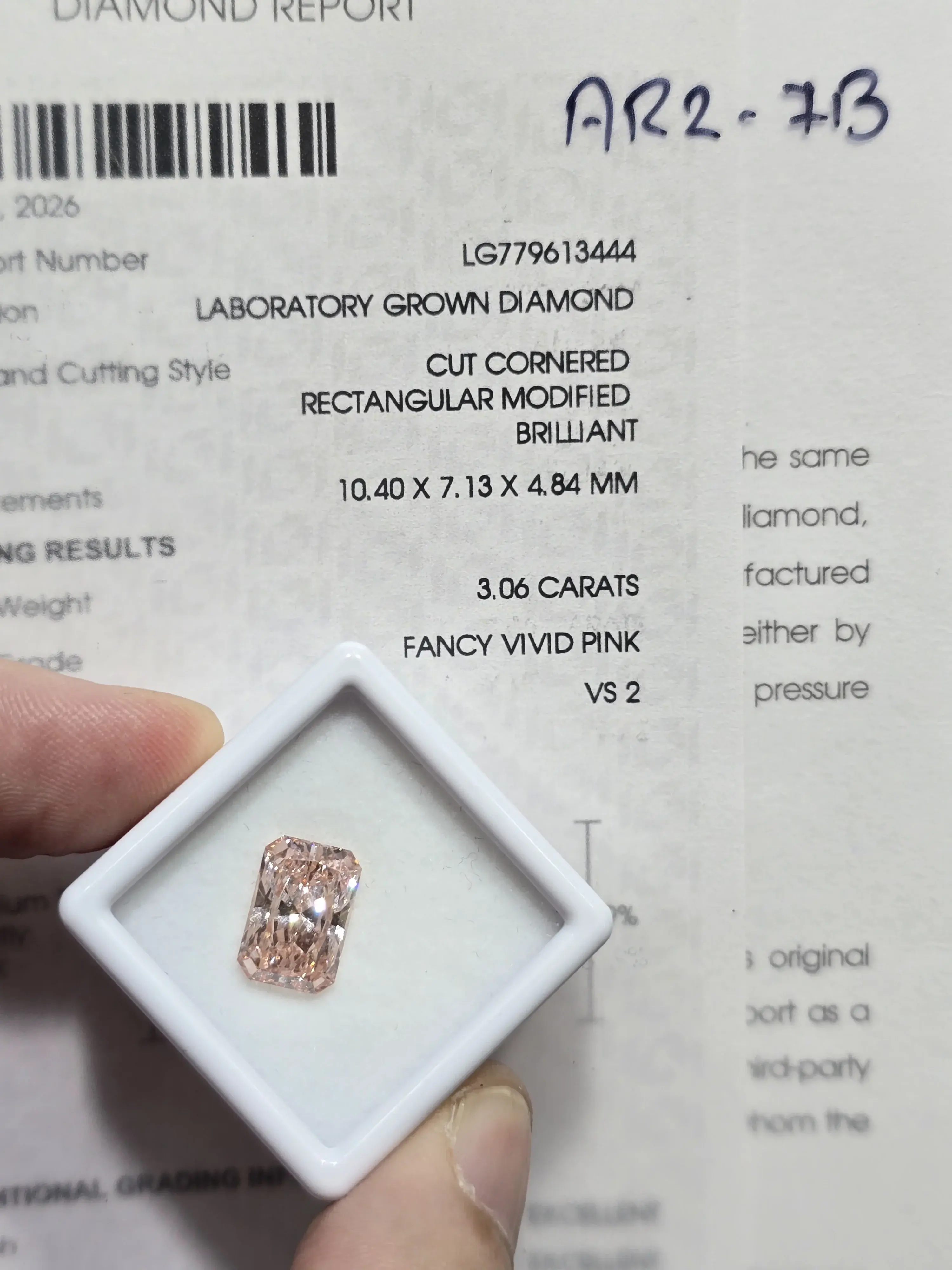 3.06ct Cut Cornered Rectangular Modified Brilliant Lab Grown Diamond (Fancy Vivid Pink, VS2, IGI Certified)