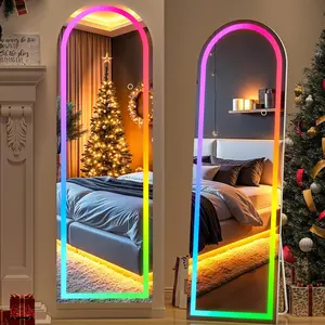 55.5" x 15.7" Arch LED RGB Full Length Mirror with Stand & 7 Color Lighting Modes, Full  Mirror with White Frame for Bedroom, Living Room, Dressing Room