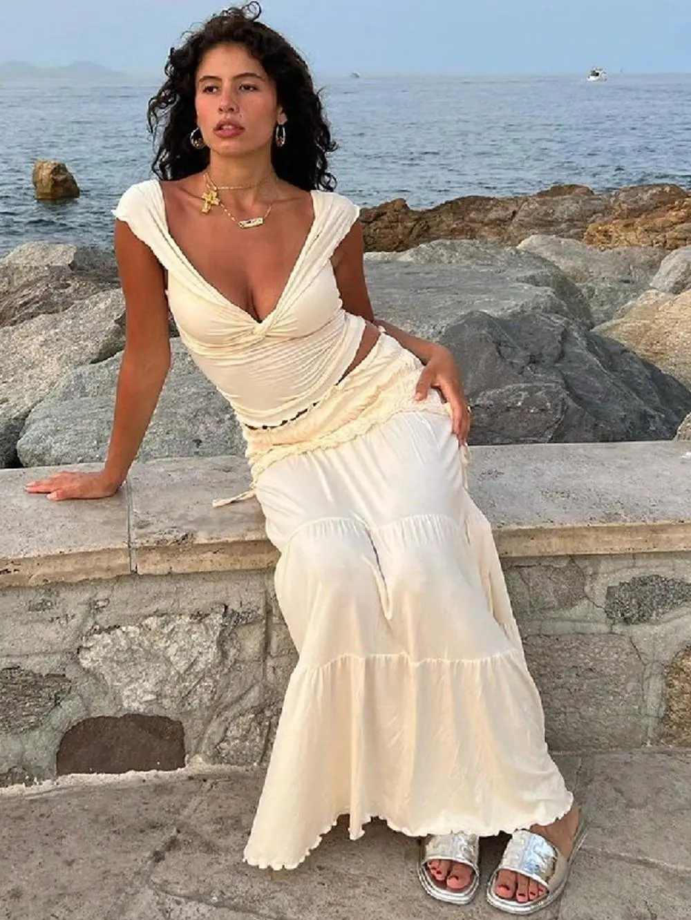 Boho Two-Piece Set for Women Ruched Off-Shoulder Crop Top & Maxi Skirt Holiday Dress Parijan Outfits Elegant Party Dresses for Women Vestidos Elegantes Bonitos