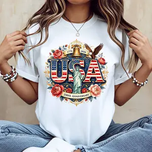 Usa Independence Day 250th Anniversary Liberty Statue And Eagle Print T Shirt White Casual Loose Fit For Everyday Wear And Outdoor Activities