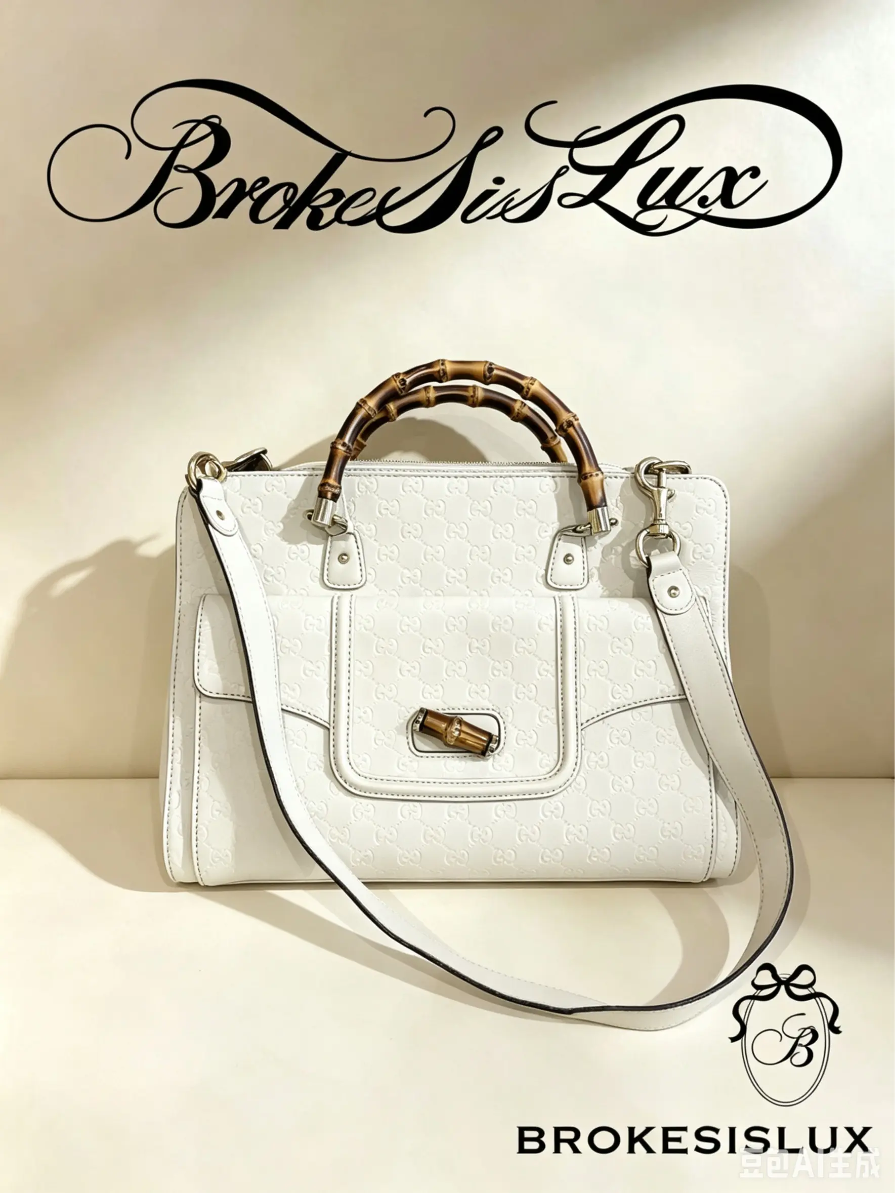 Pre-owned GUCCI White GG Embossed Leather Bamboo Handbag | Natural Bamboo Top Handle, Detachable Wide Crossbody Strap
