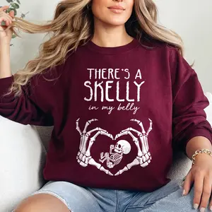 There’s A Skelly In My Belly Shirt - Funny Halloween Maternity Sweatshirt, Cute Pregnant Skeleton Baby T-shirt, Spooky Mom Outfit