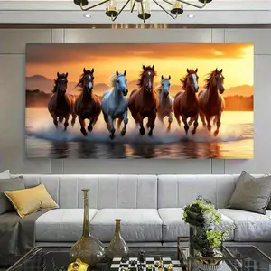 One piece framed Seven Horses painting - Seven Horses Galloping Across the River wall decoration, bright sunset colors, home living room decoration, horse poster decoration, canvas painting artwork, modern art, decorative painting Gift Ornaments Artistic