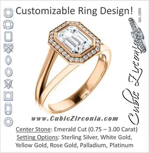 Cubic Zirconia Engagement Ring- The Blondie (Customizable Bezel-set Cathedral-style Emerald Cut with Halo Style and V-Split Band)