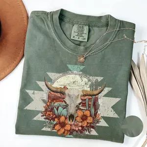 [Sale Up To 50%] Boho Wildflowers Cow Skull Shirt Vintage Western Cowgirl Comfort Colors Tshirt Trendy Floral Aztec Shirt Gift for Country Girl Cowboy Tee