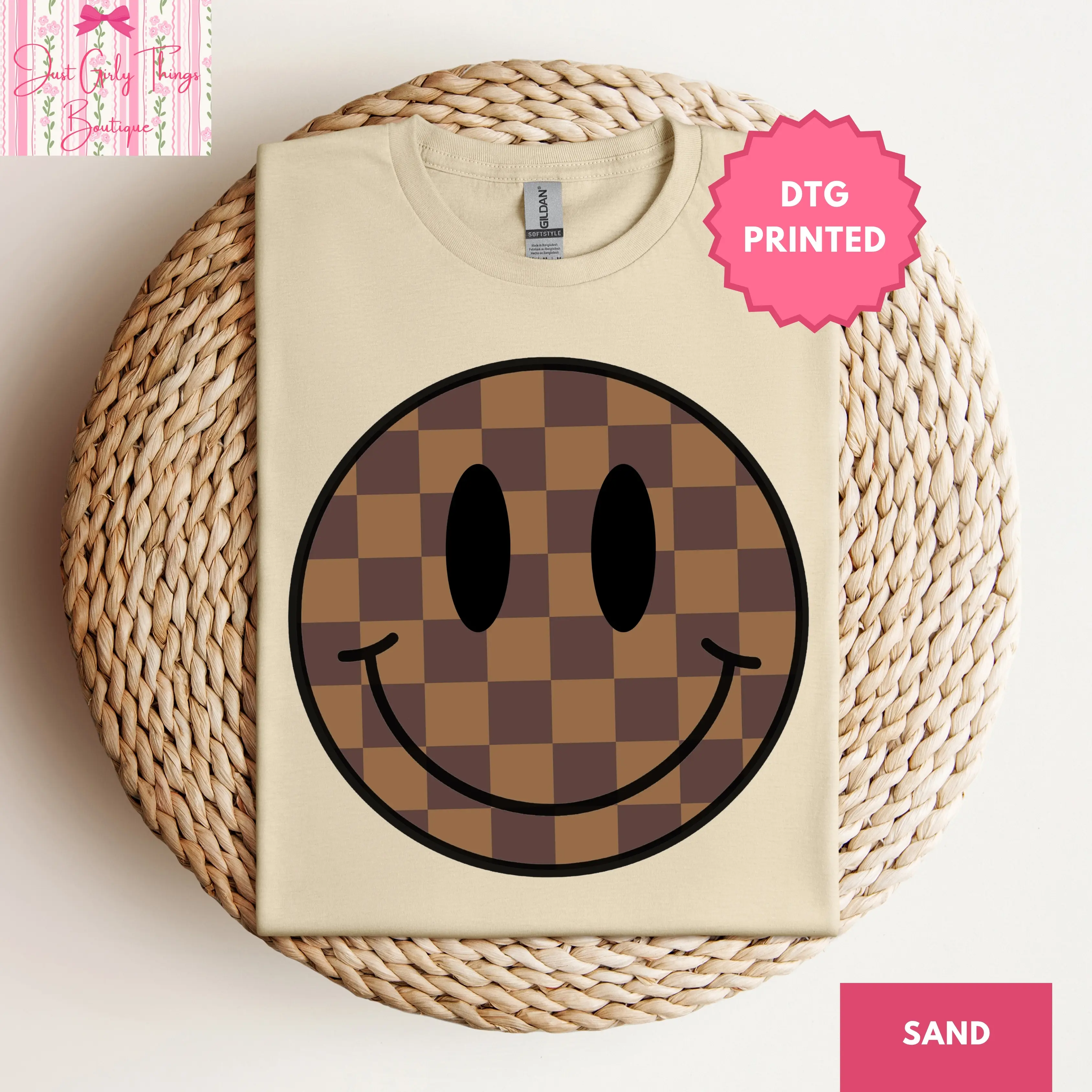 Brown Checkered Smile Face Shirt  - Gildan 64000 Softstyle Tee -  Brown Checkered Happy Face Shirt, Brown Checkered Shirt, Preppy Western Shirt, Country Concert Tee, Rodeo Shirt, Country Concert Shirt, Band Tee, Summer Shirt, Lake Shirt, Beach Shirt